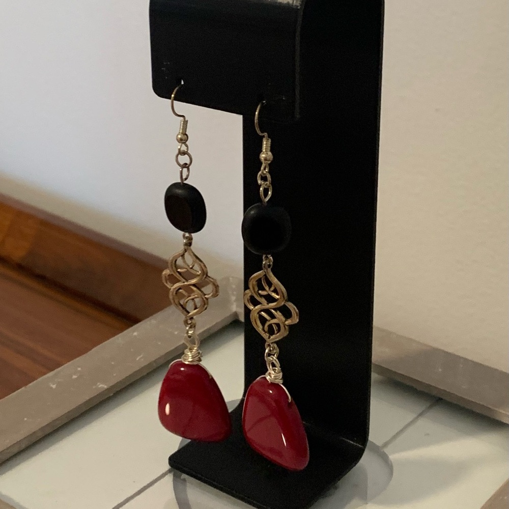 Hand Crafted Red and Black Drop Earrings with Gold Accents